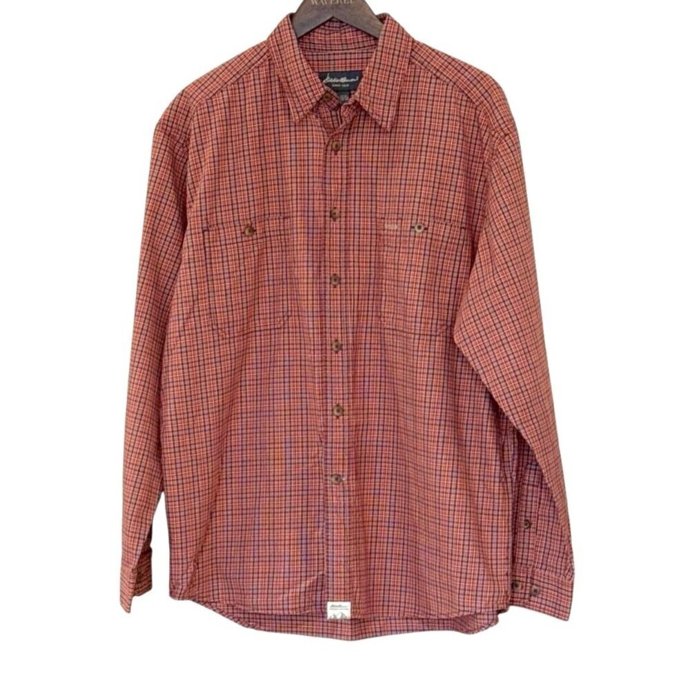 Eddie Bauer Men Orange Burgundy Red Shirt Button Down Plaid Check Sz Large NWT